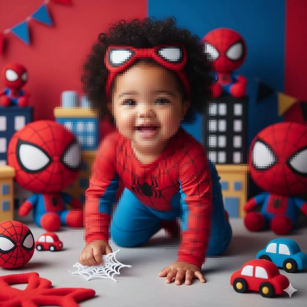 Adorable Baby Dressed as Spider-Man Crawling in a Colorful Playroom