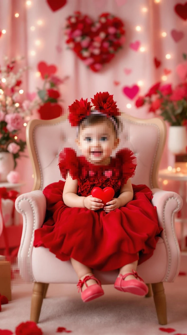 Adorable Baby Girl in Red Dress Holding Heart in Valentine Themed Setup