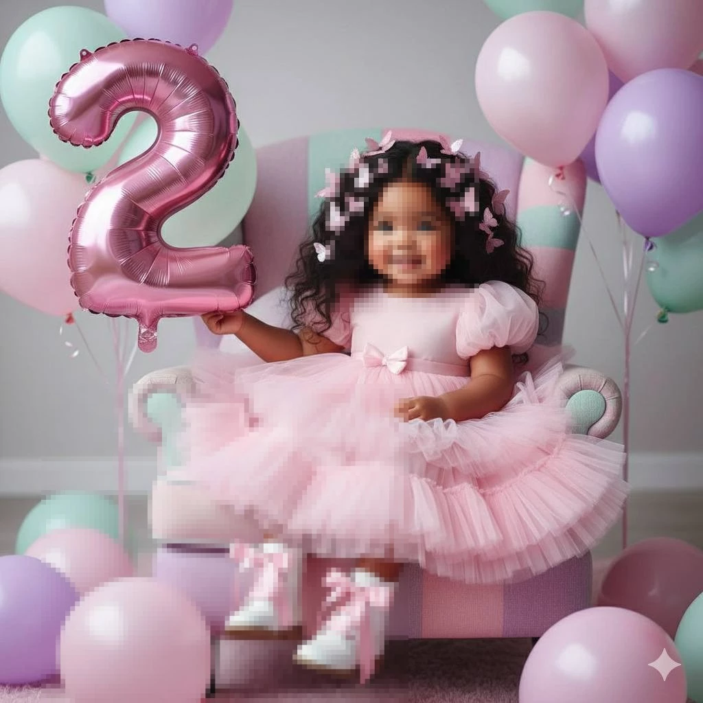 Adorable Little Girl Celebrating Second Birthday with Pink Balloons and Dress
