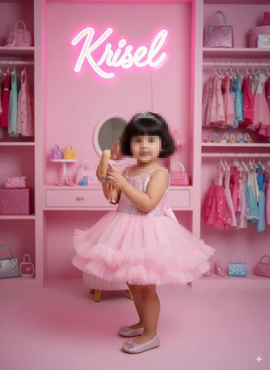 Adorable little girl in pink princess dress playing in stylish Barbie room