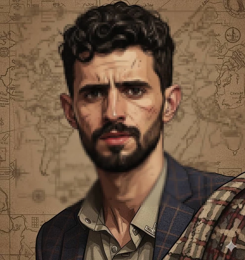 Adventurous man portrait with vintage world map background in artistic illustration style