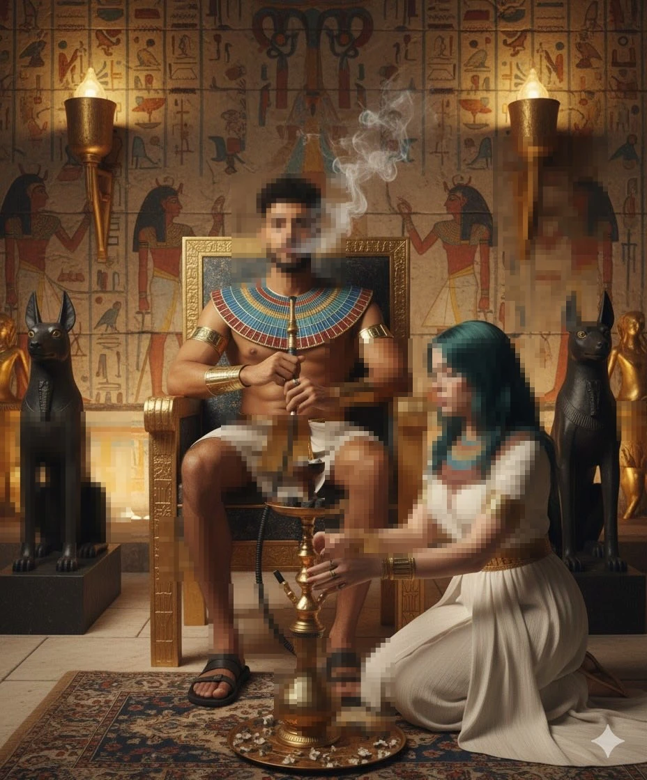 Ancient Egyptian king and queen scene with golden throne and hieroglyphic wall