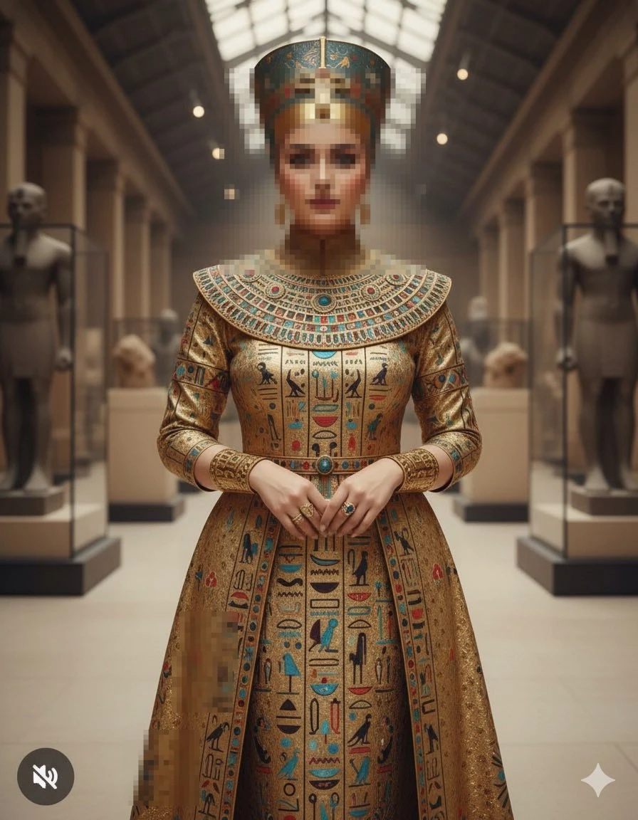 Ancient Egyptian queen in golden hieroglyphic dress inside grand museum hall