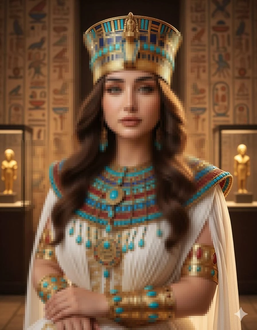 Ancient Egyptian queen wearing gold and turquoise jewelry in royal temple setting