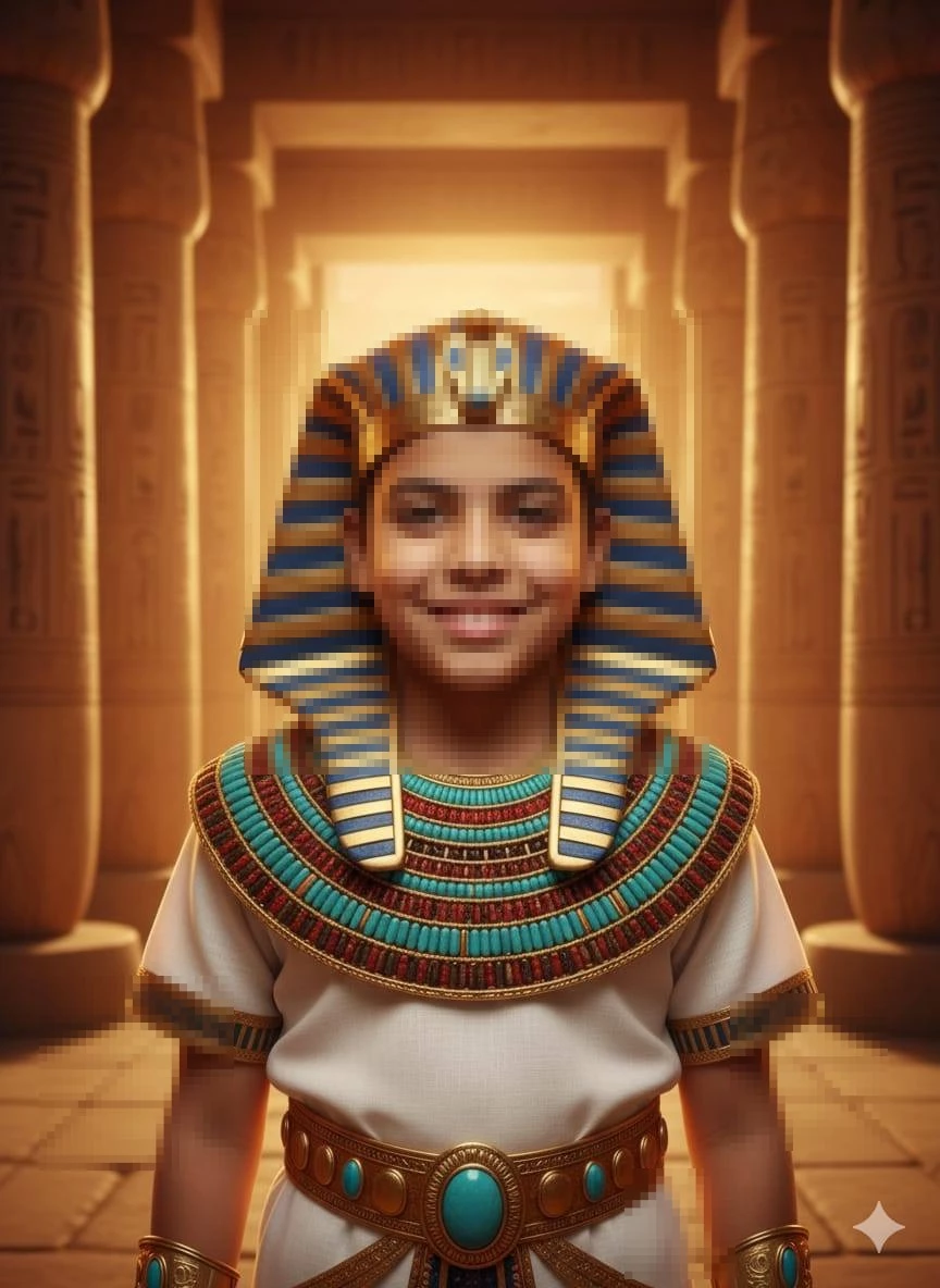 Ancient Pharaoh-Style Portrait of a Young Boy in an Egyptian Temple Setting