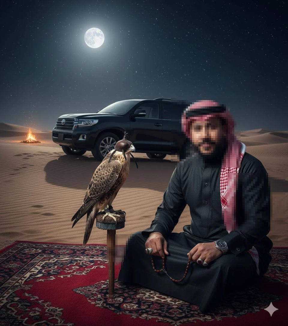 Arab man with falcon sitting under full moon in desert beside SUV and campfire