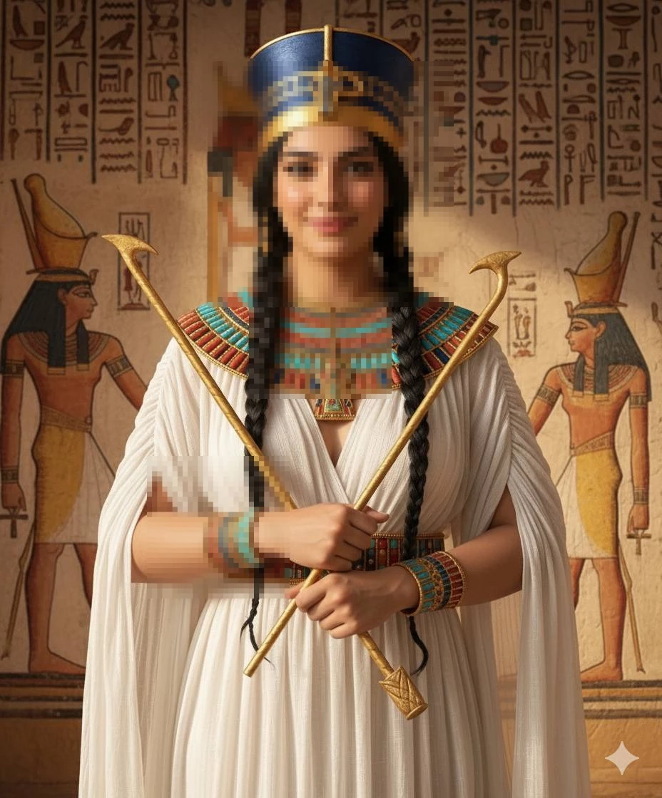Beautiful Woman Dressed as Ancient Egyptian Queen Holding Golden Scepters