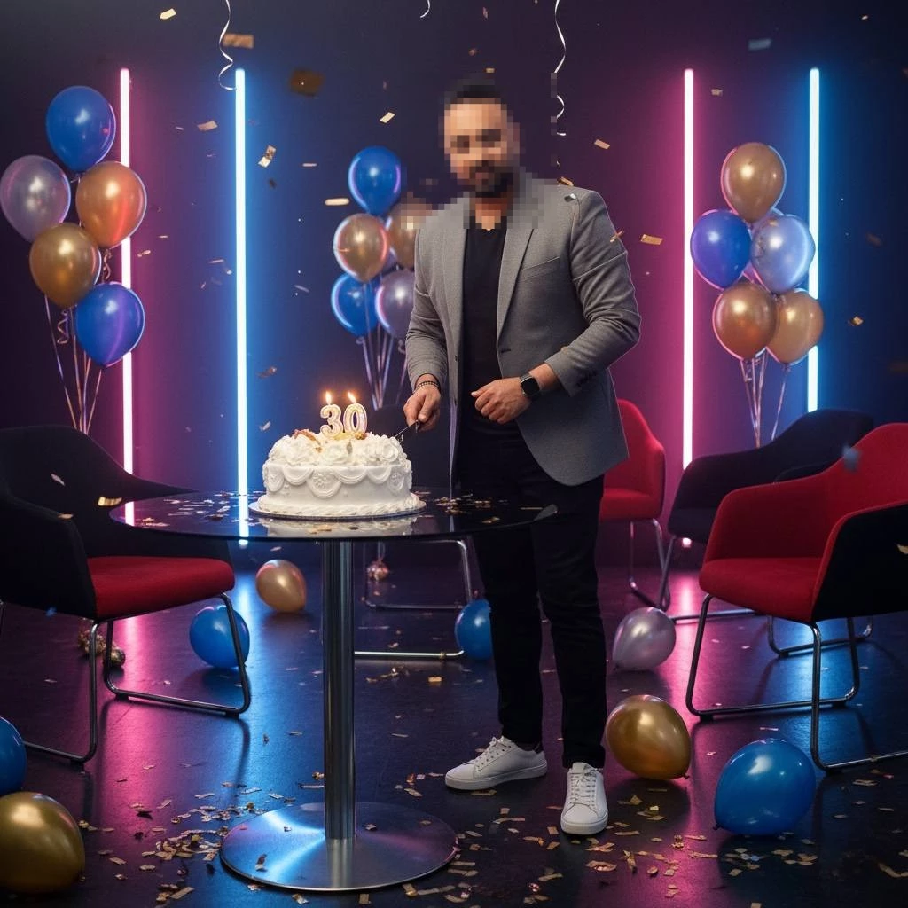 Birthday celebration portrait of a man cutting a cake with festive neon lights