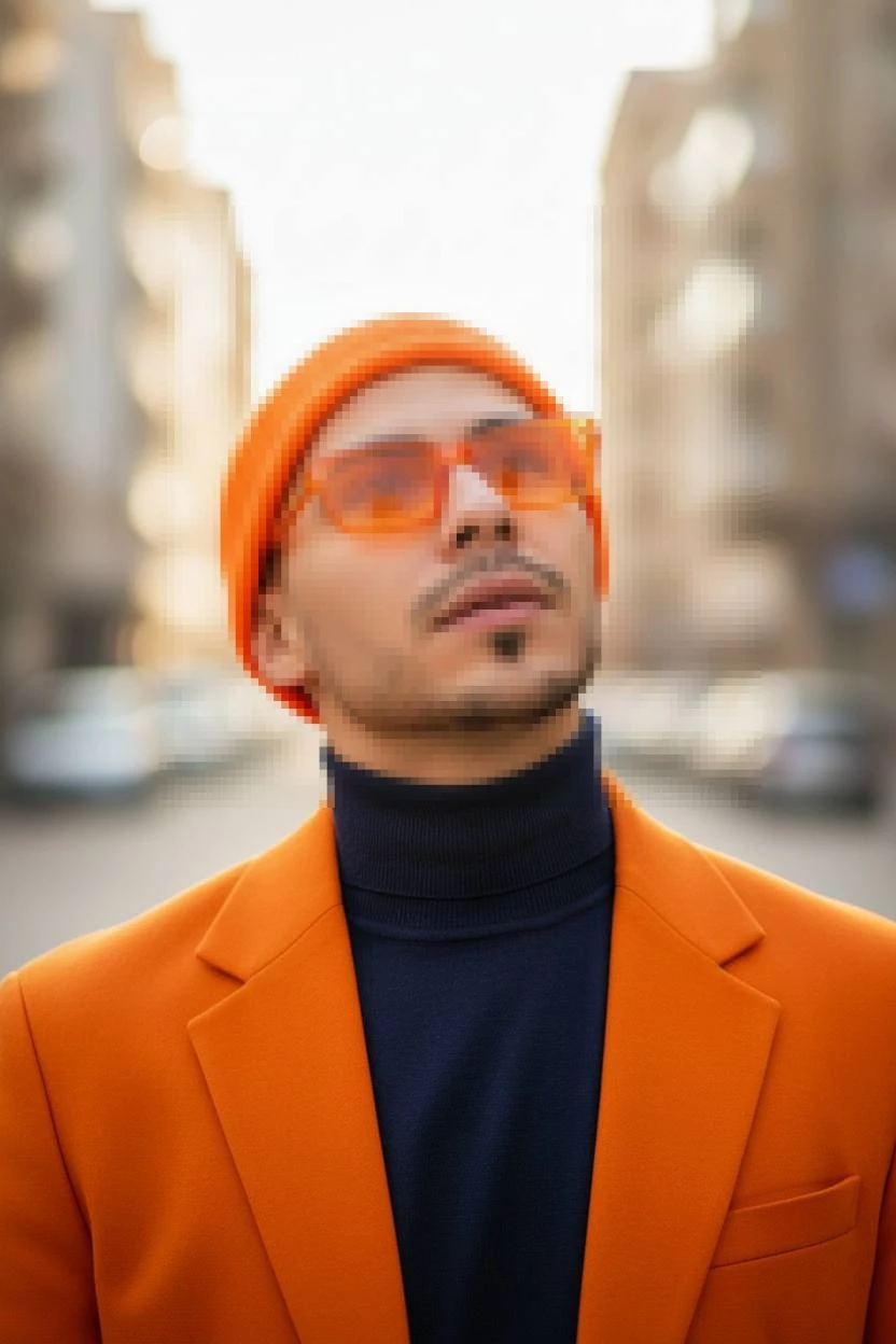 Bold Urban Fashion Look with Orange Beanie and Matching Sunglasses