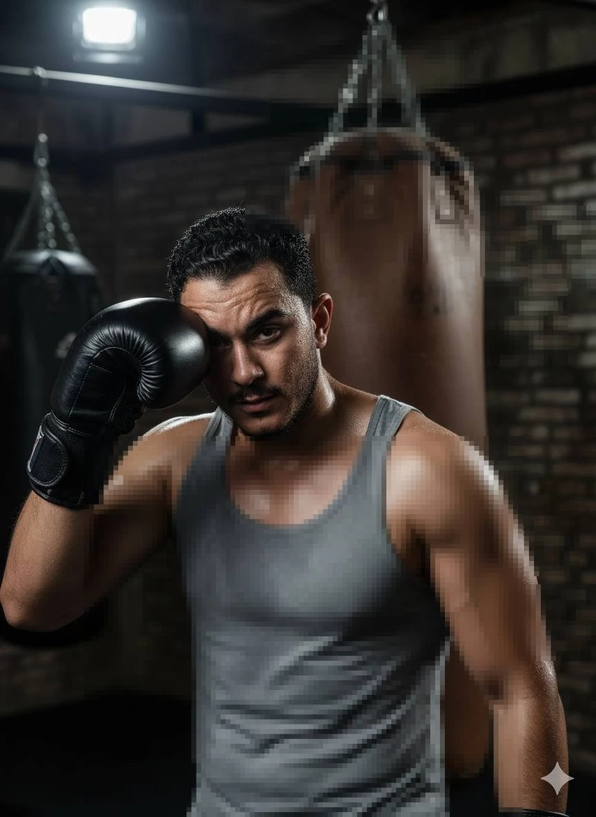 Boxer in Gray Tank Top Resting After Training in Dimly Lit Gym