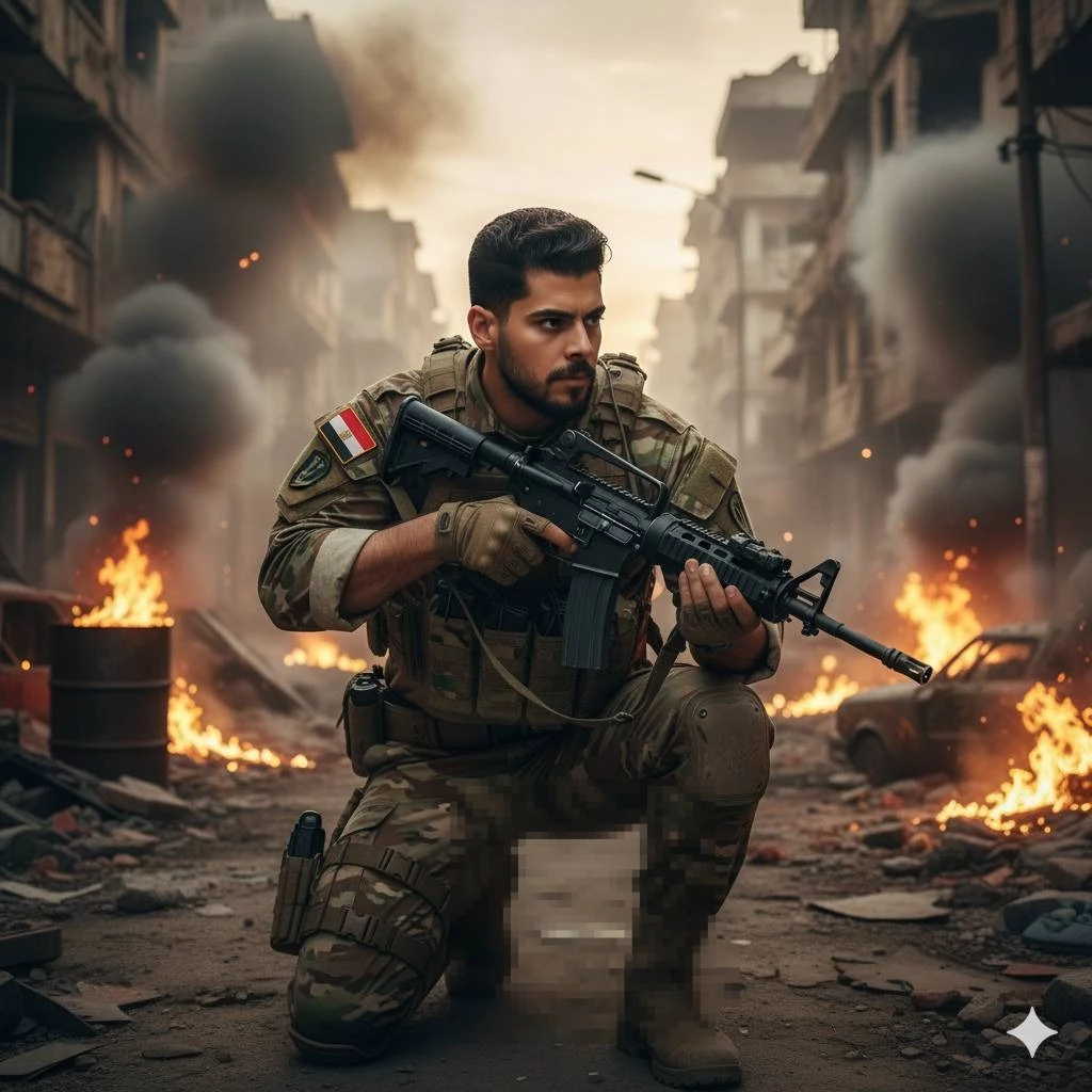 Brave Soldier Kneeling in a War Zone with Flames and Smoke in the Background