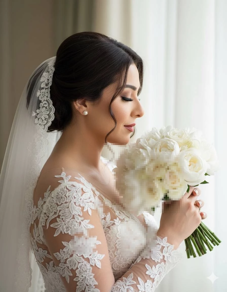Bride in lace wedding dress holding white rose bouquet by the window