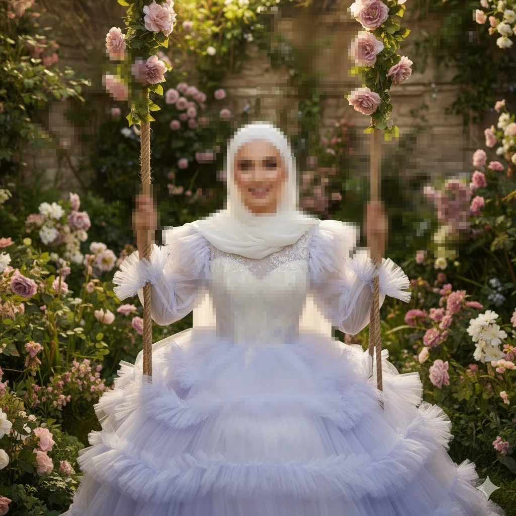 Bride in White Hijab on Floral Swing Wearing Lavender Gown in Blooming Garden