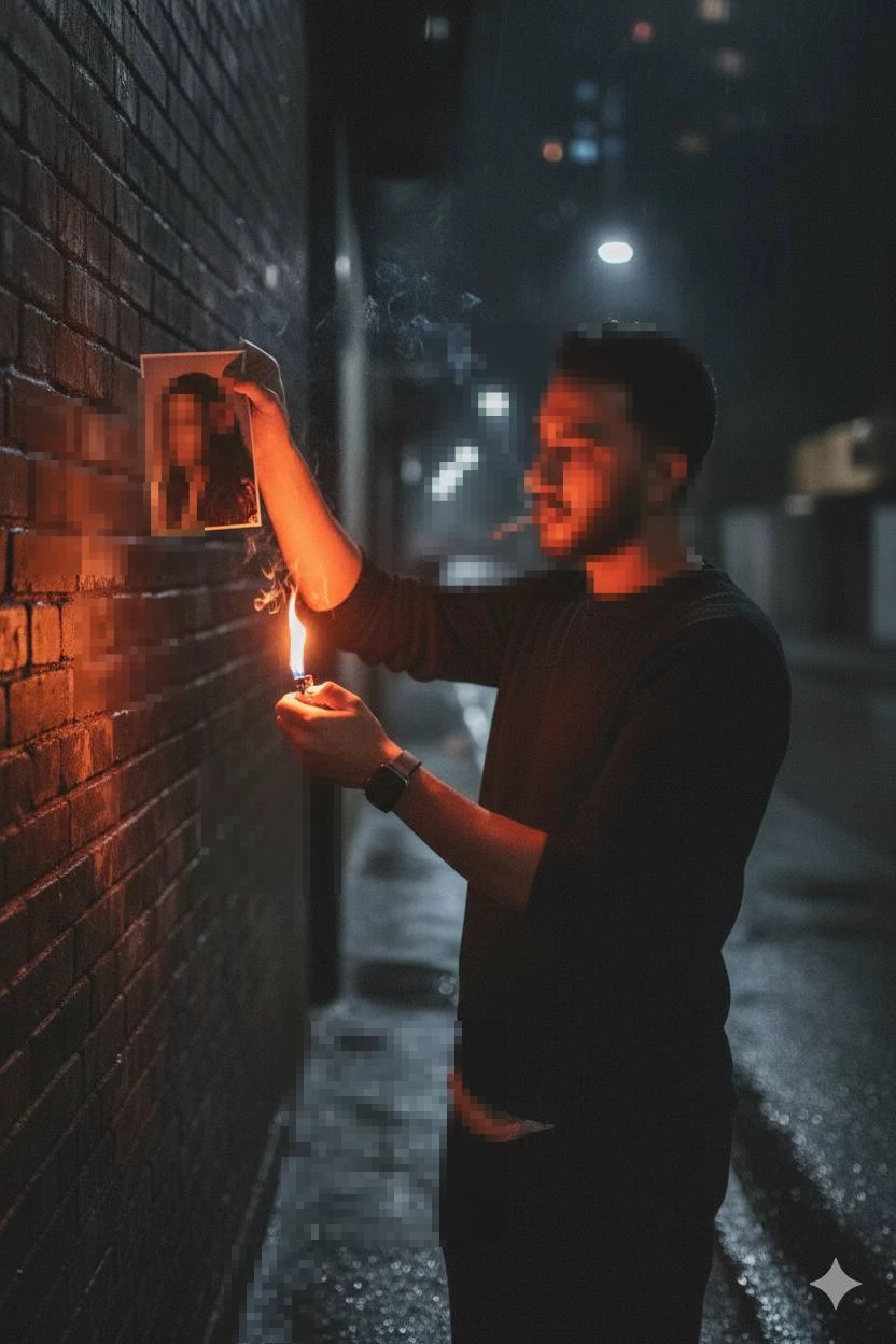 Burning a Past Love in a Dramatic Night Alley Scene