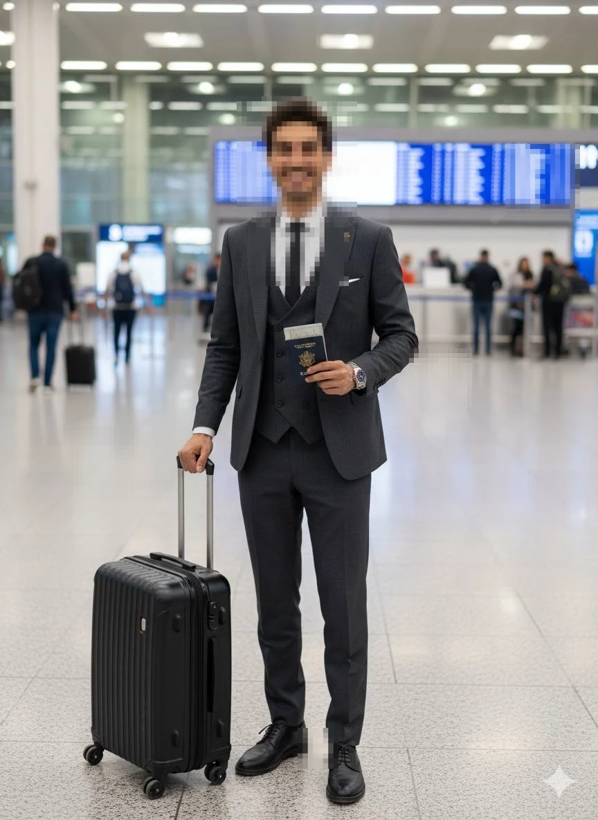 Business traveler in grey suit holding passport and suitcase at airport terminal