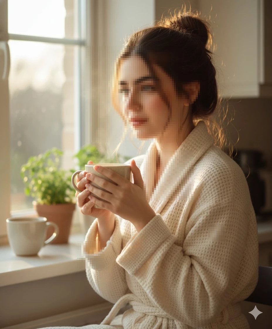 Calm woman in cozy robe enjoying morning coffee by a sunlit window