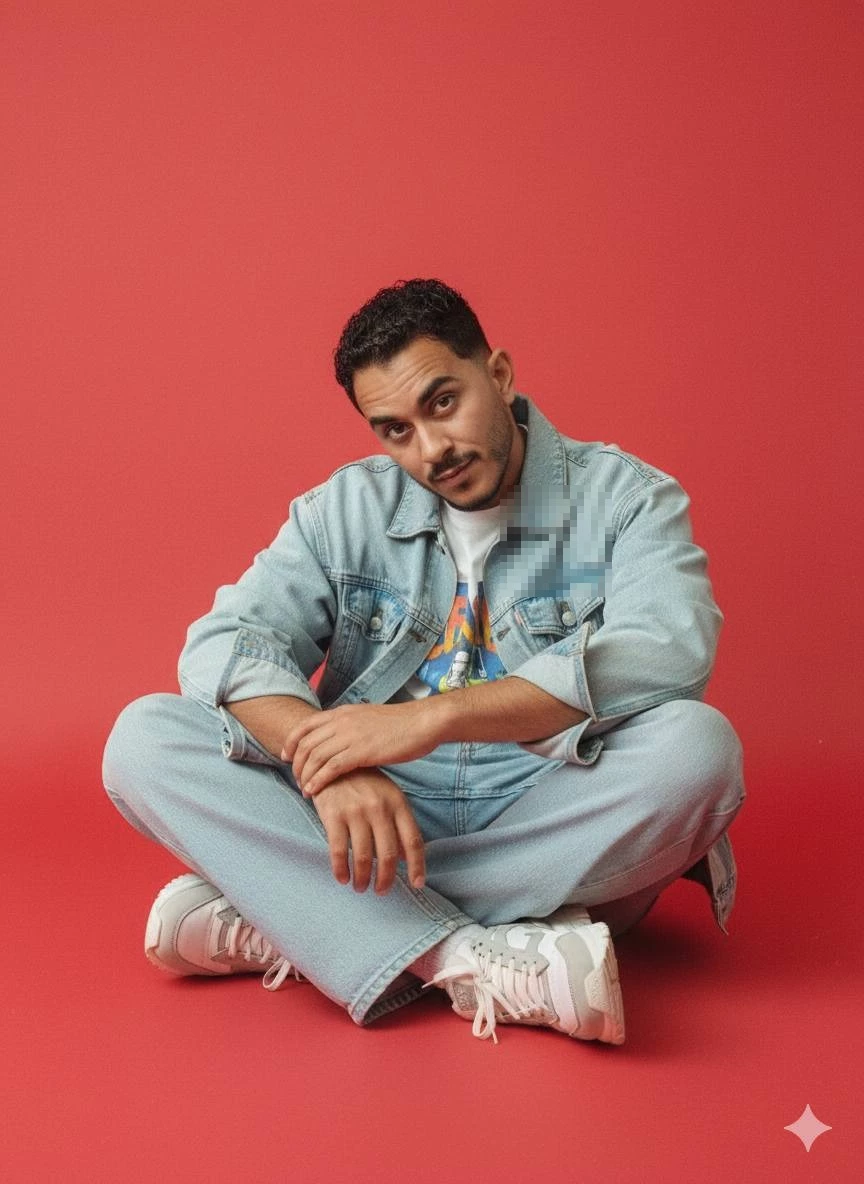 Casual man in light blue denim outfit sitting confidently against red background