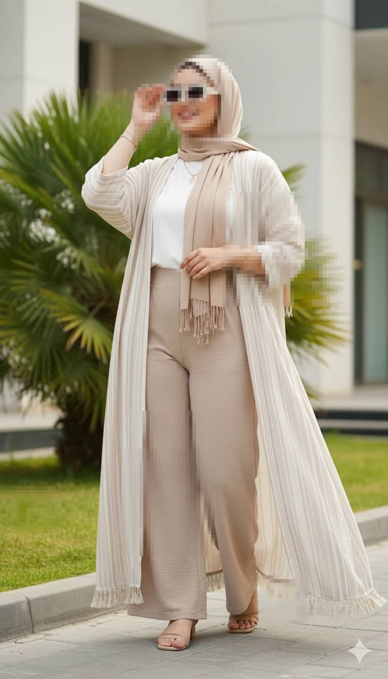 Chic neutral-tone outfit with long cardigan and sunglasses in a modern outdoor setting