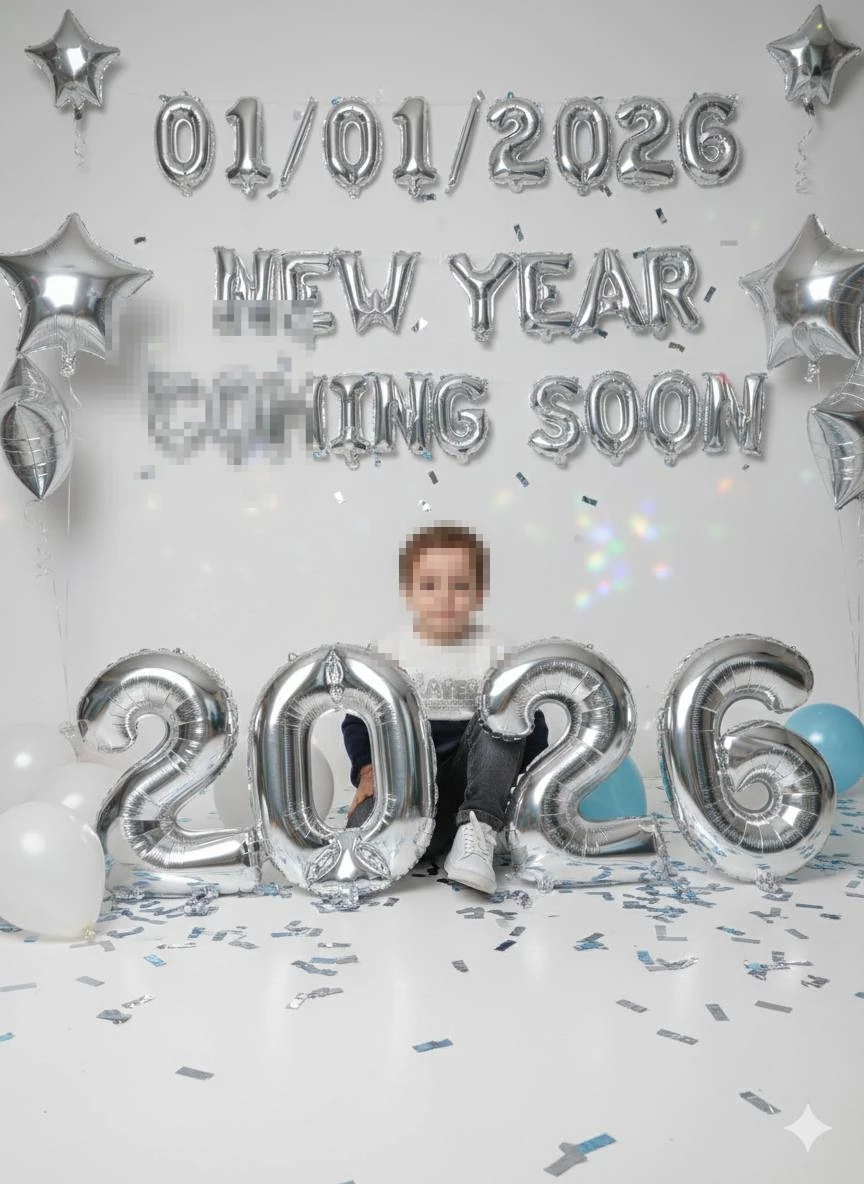 Child Celebrates New Year 2026 with Silver Balloons and Festive Studio Decor