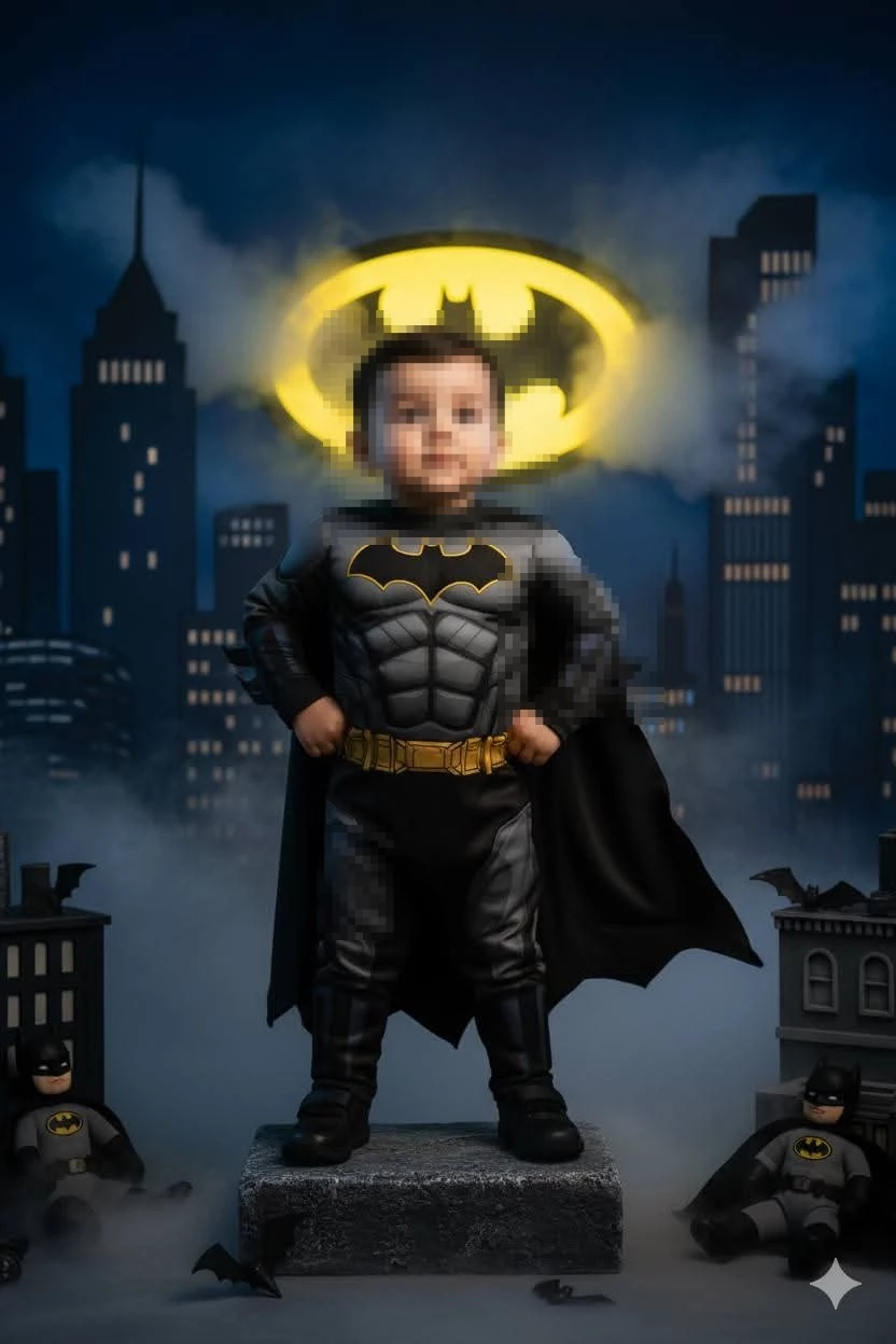 Child Dressed as Batman Standing Heroically with Bat Signal Over Gotham City Skyline