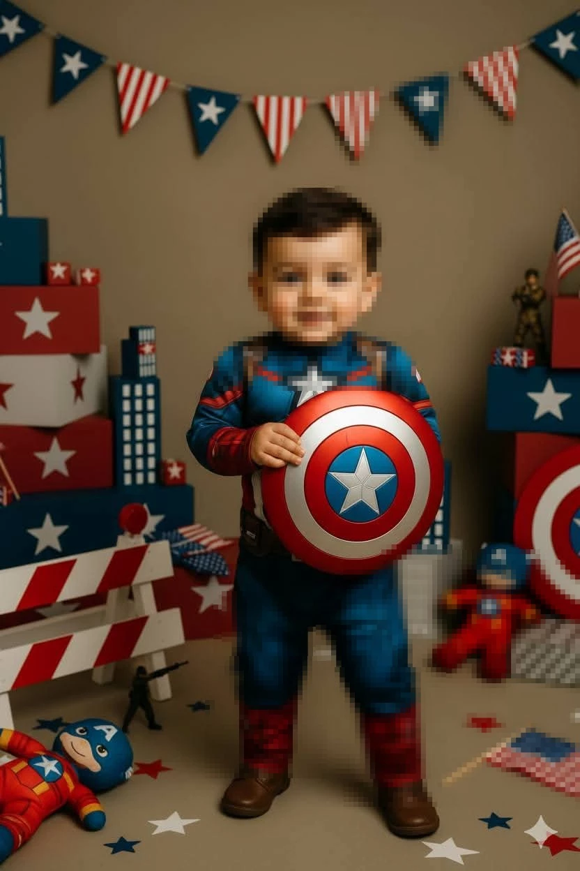 Child Dressed as Captain America Holding Shield with Patriotic Background and Toys