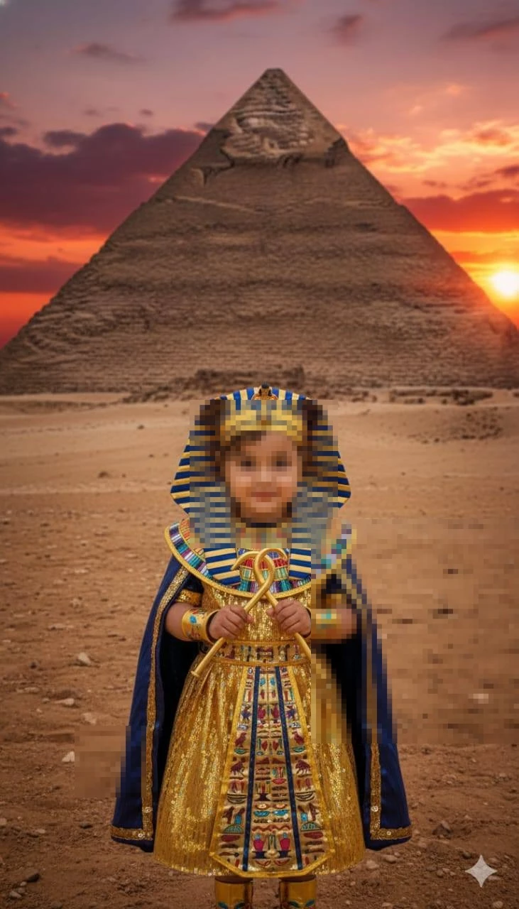Child Dressed as Egyptian Pharaoh Standing Before Pyramid at Sunset