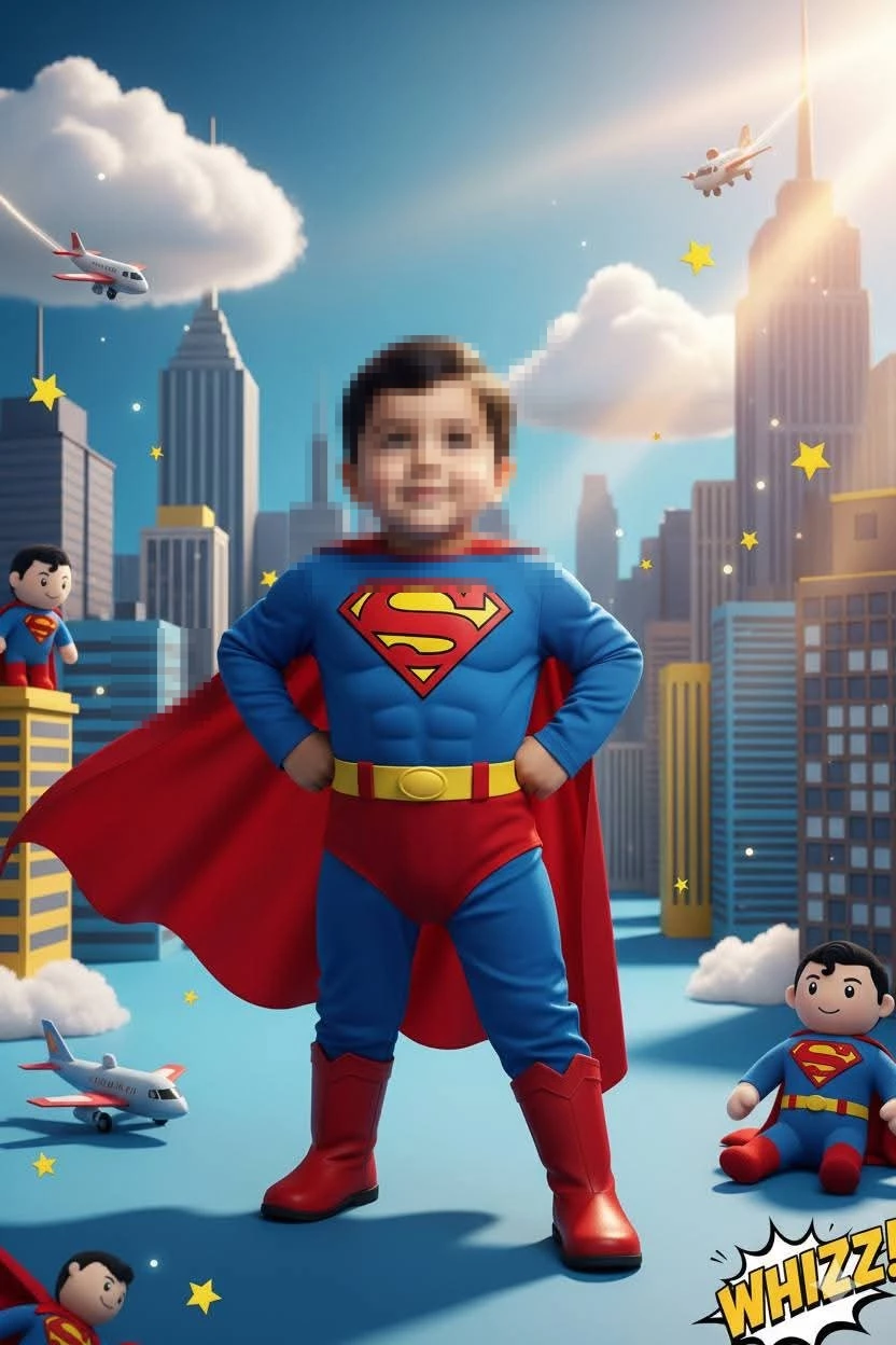 Child Dressed as Superman with Red Cape Standing Proudly in City Skyline Scene