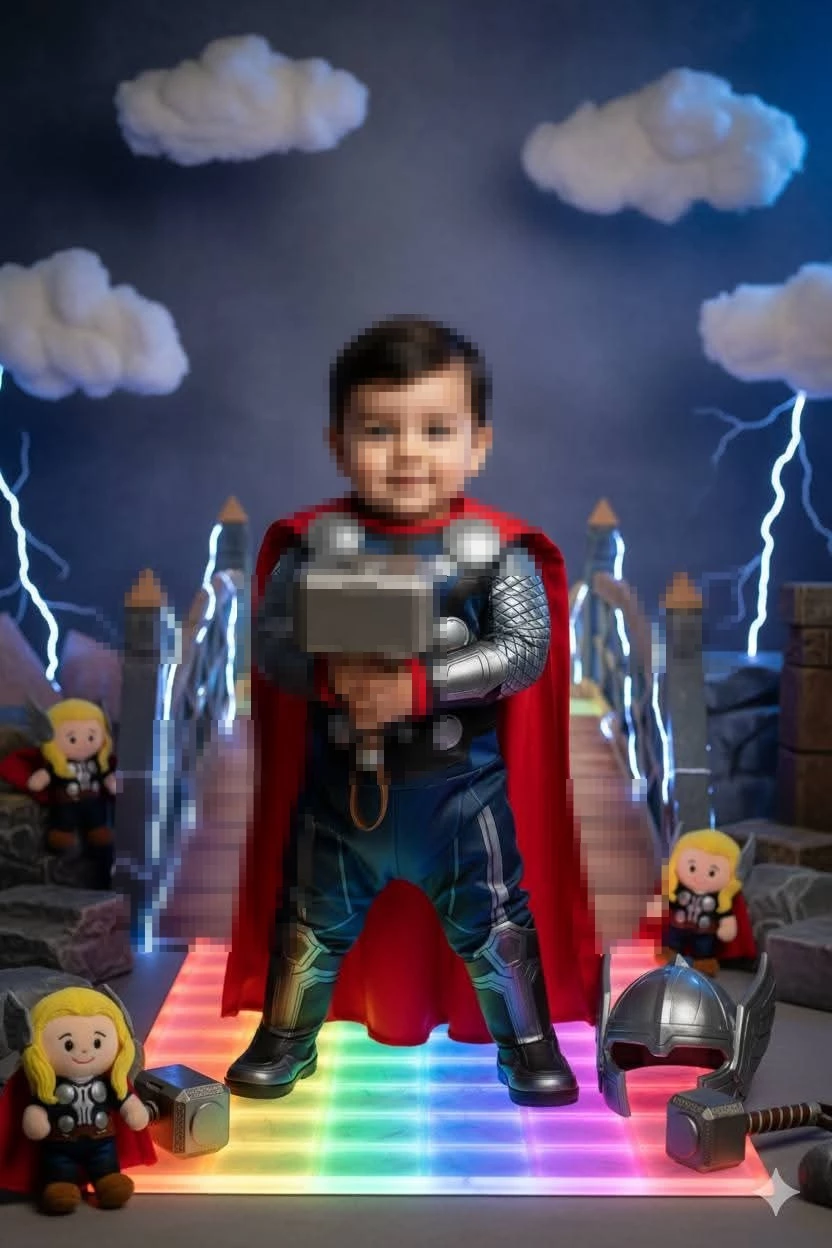Child Dressed as Thor Holding Hammer with Red Cape and Lightning Background