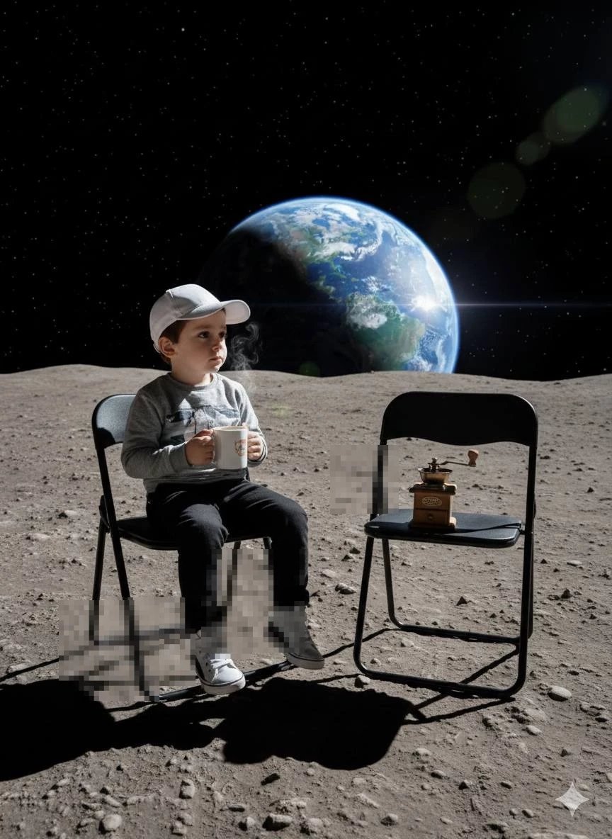 Child Drinking Coffee on the Moon with Earth Rising in the Background