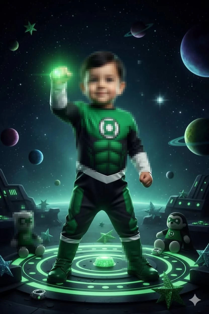 Child in Green Lantern Costume with Glowing Ring in Space Fantasy Scene