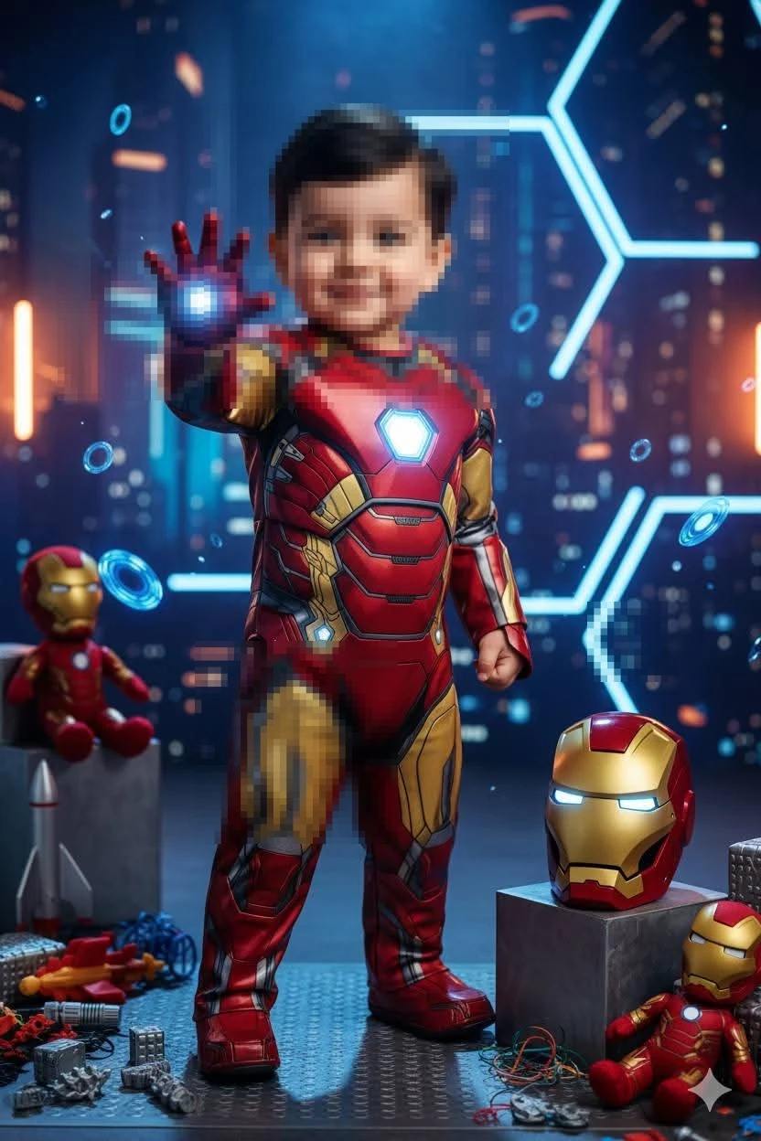 Child in Iron Man Suit with Glowing Arc Reactor and Repulsor in Futuristic City Scene