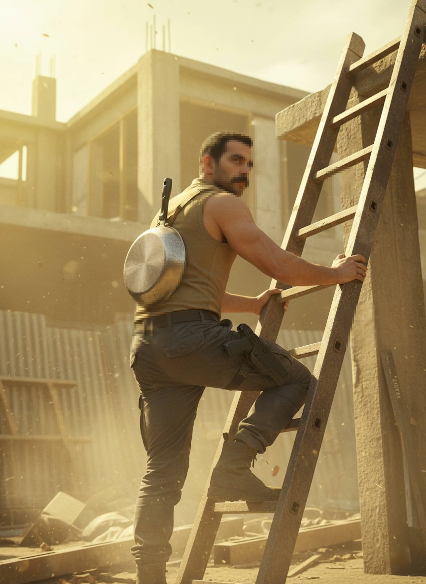 Cinematic Action Hero Climbing Ladder in Dusty Construction Site