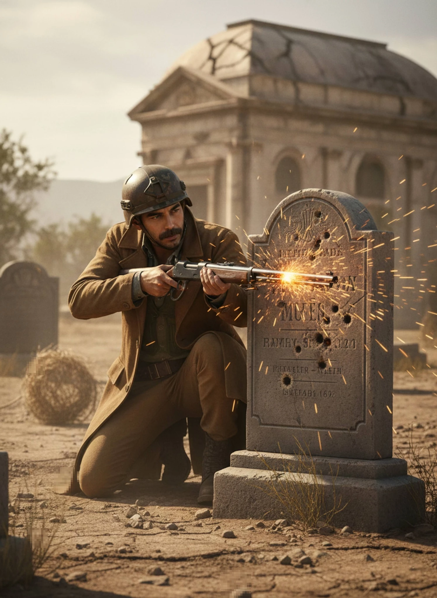 Cinematic War Scene of Soldier Firing Rifle in Historic Cemetery