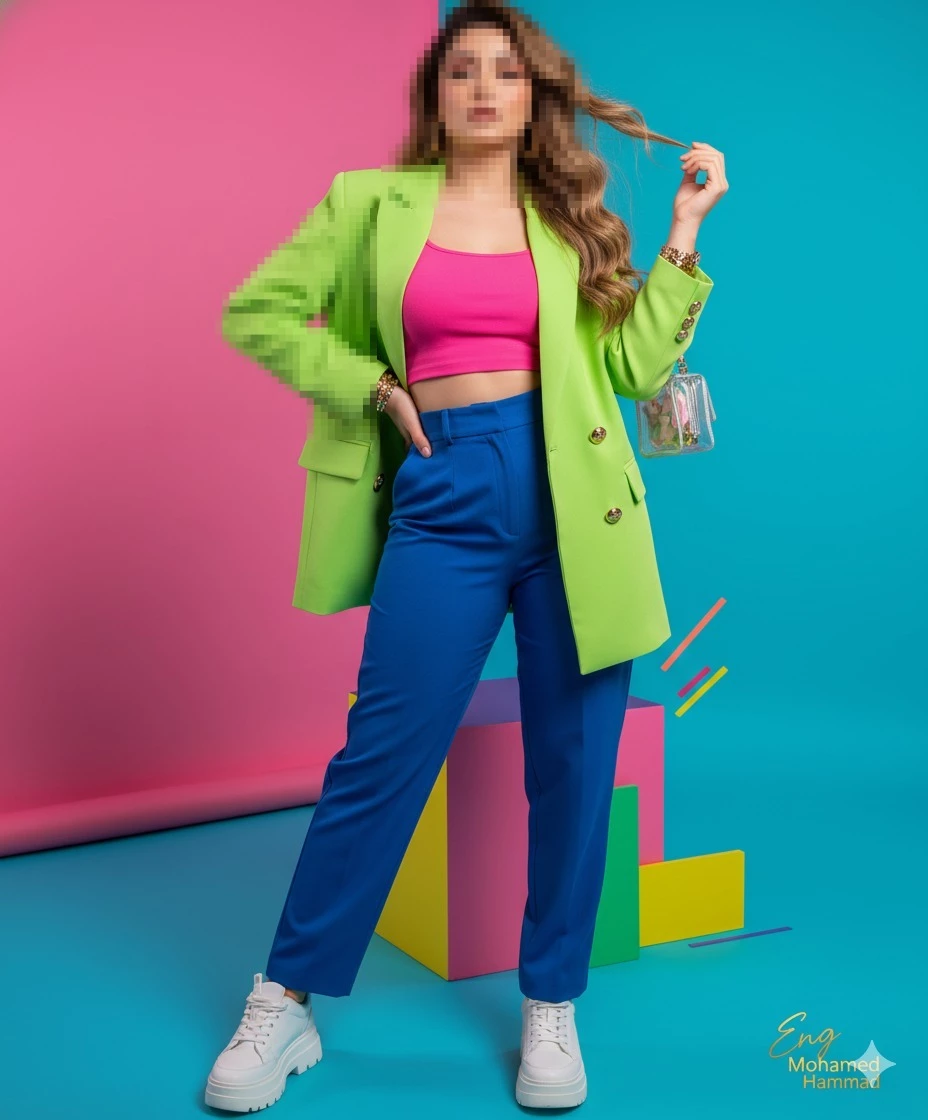 Colorful modern fashion look with neon green blazer and vibrant blue pants