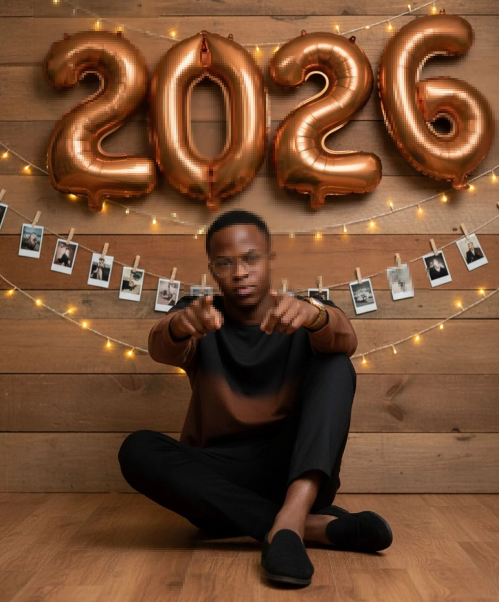 Confident 2026 New Year Portrait with Bronze Balloons and Warm Festive Lights