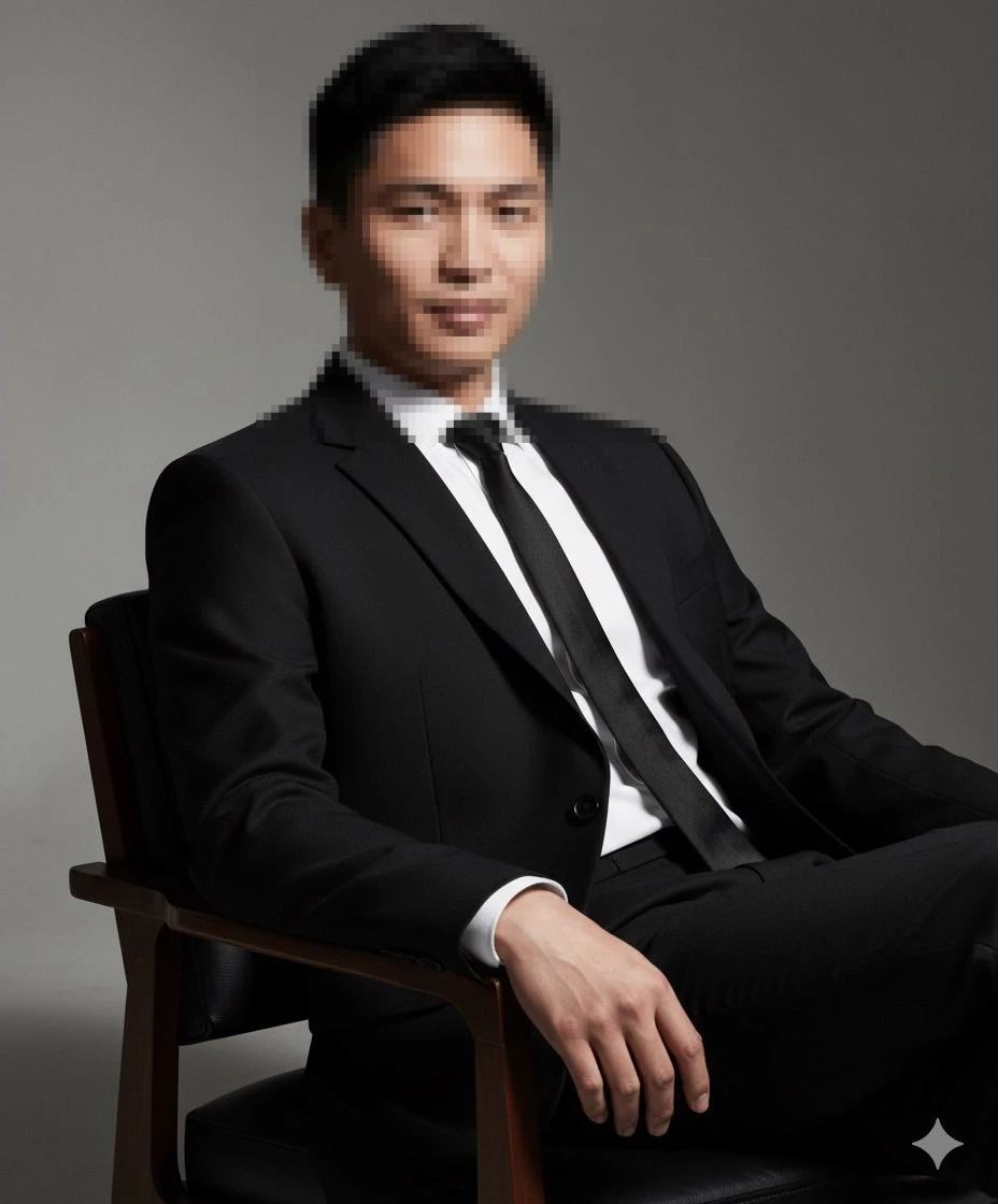 Confident Businessman in Black Suit Sitting on Chair for Professional Portrait