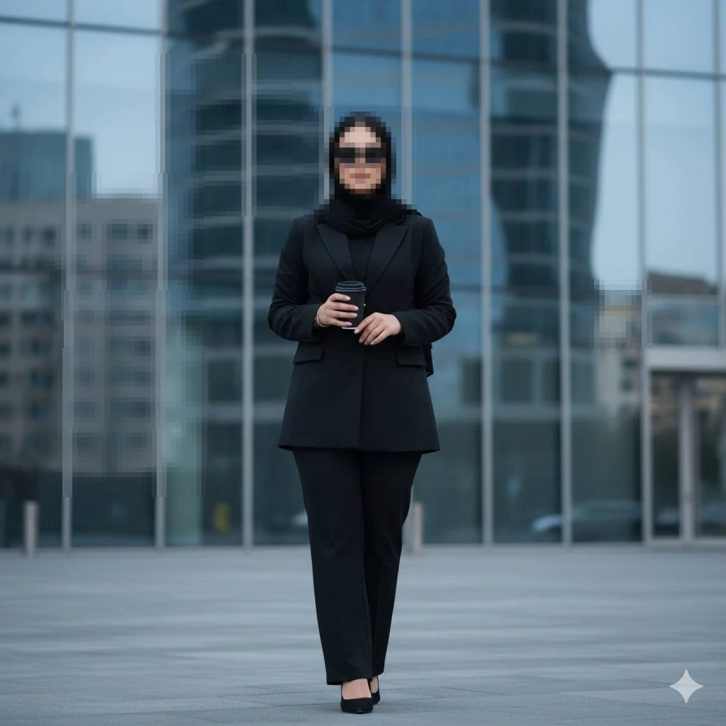 Confident Businesswoman in Black Suit Walking with Coffee in Modern City