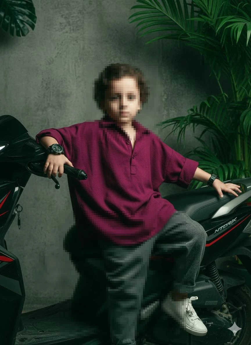 Confident Child Posing on a Modern Black Scooter in a Stylish Studio Setting