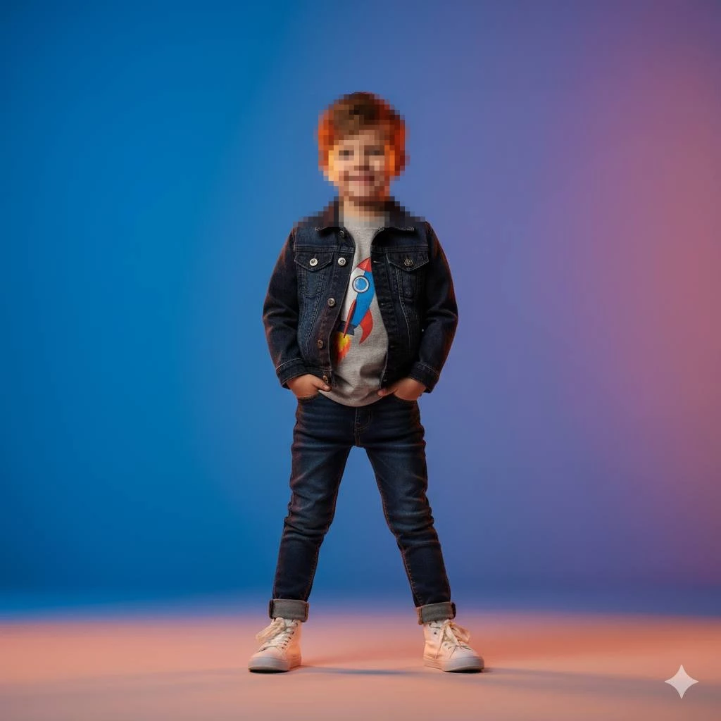 Confident Little Boy in Denim Jacket Smiling in Colorful Studio Background