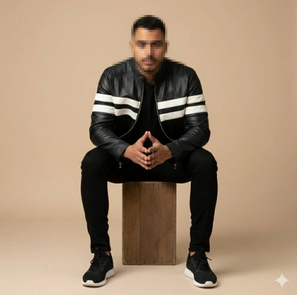 Confident man in black leather jacket sitting on wooden stool in beige studio