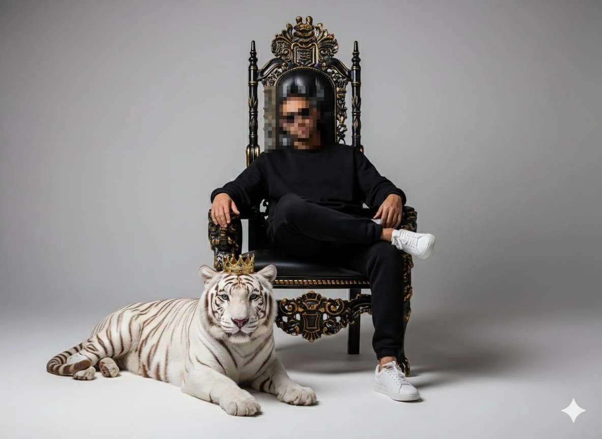 Confident man in black outfit sitting on golden throne beside crowned white tiger