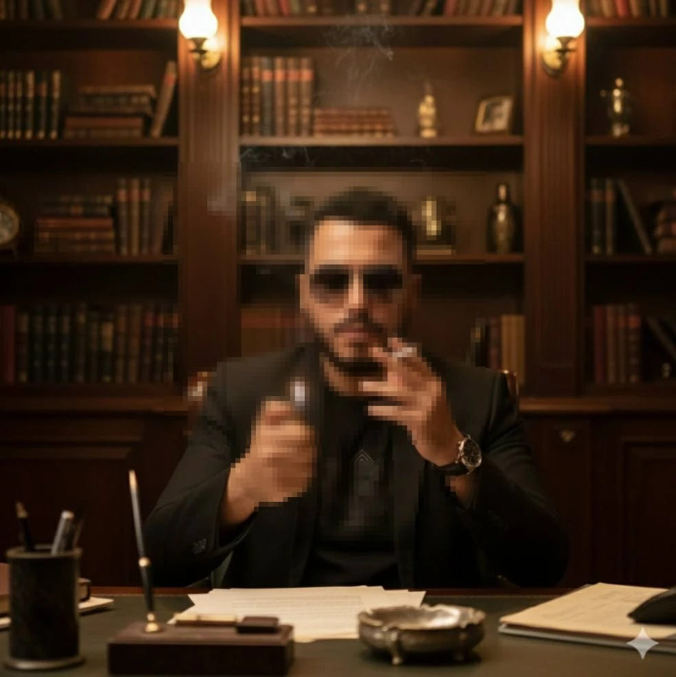 Confident man in black suit lighting a cigarette in a classic elegant office