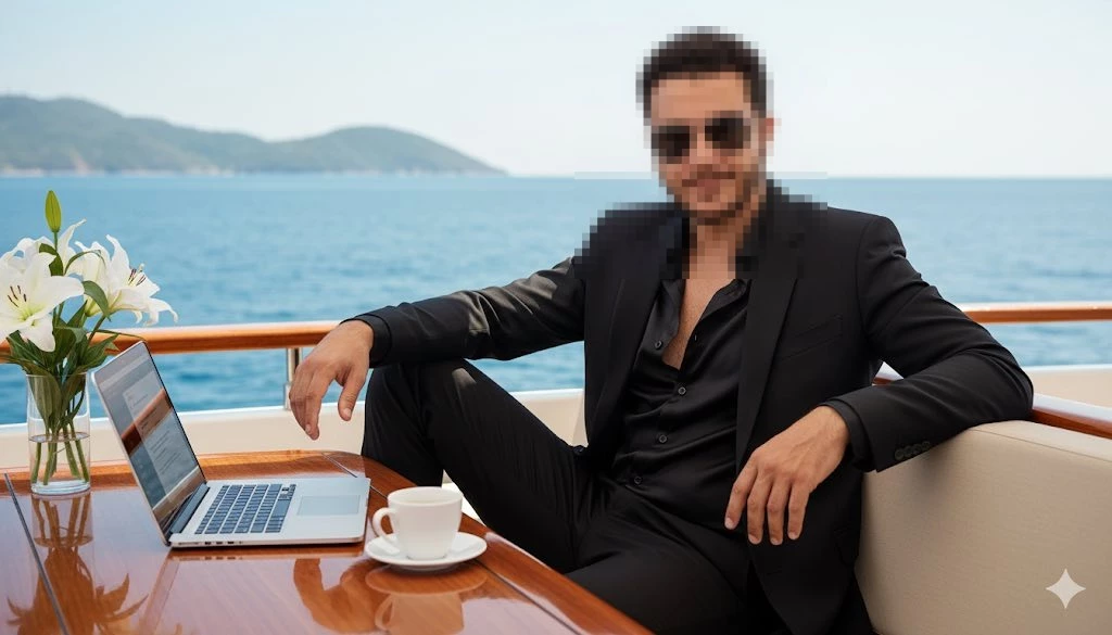 Confident man in black suit working on laptop aboard a luxury yacht at sea