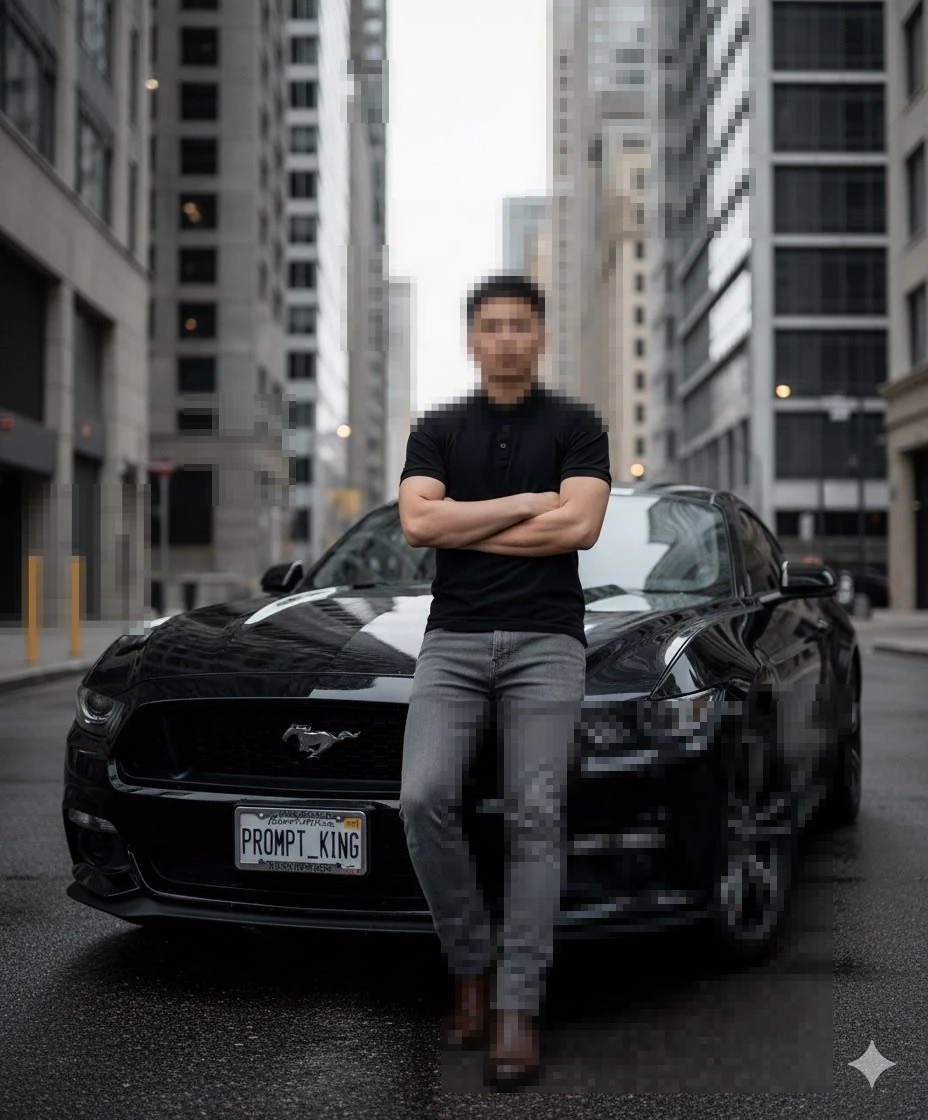 Confident Man Standing in Front of Black Sports Car on City Street