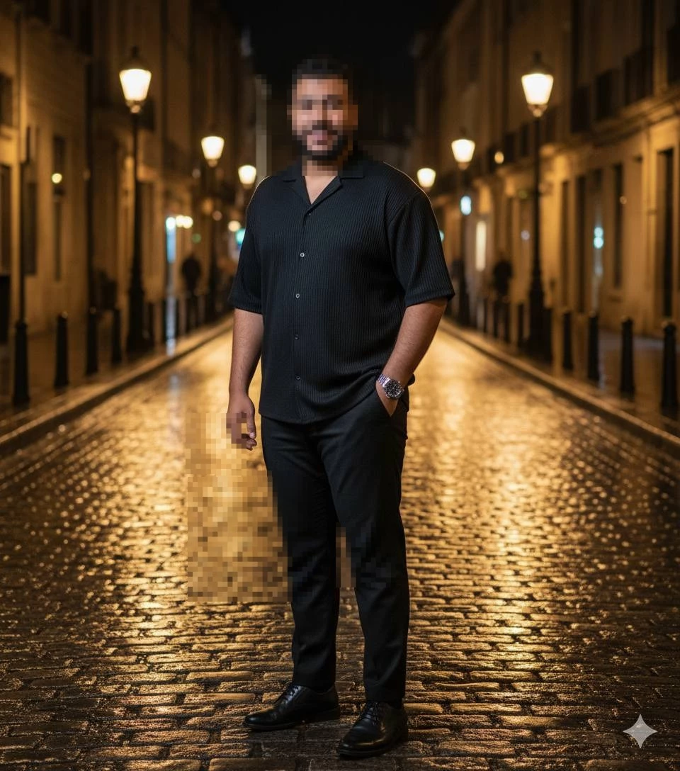 Confident man standing on a cobblestone street at night under warm streetlights