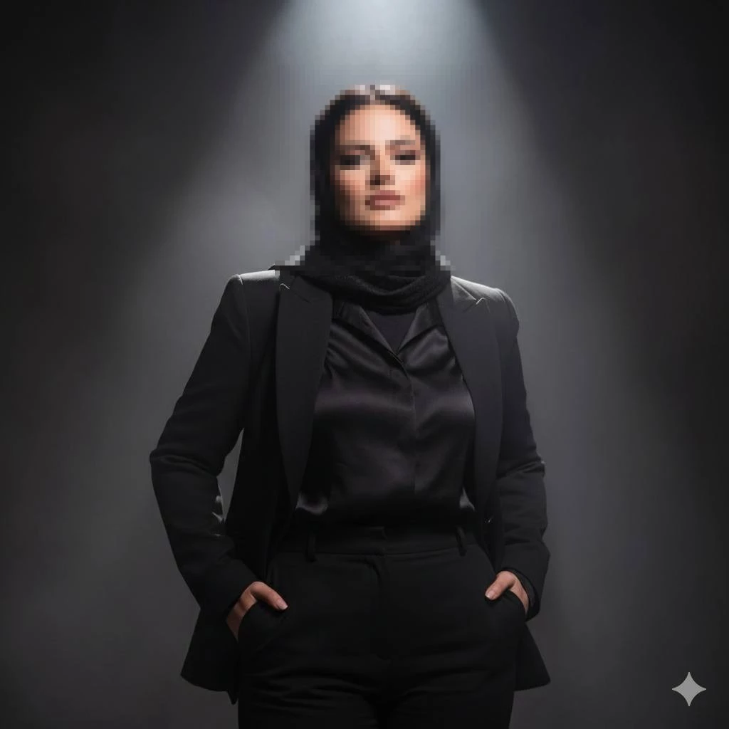 Confident woman in black hijab and suit standing under dramatic spotlight