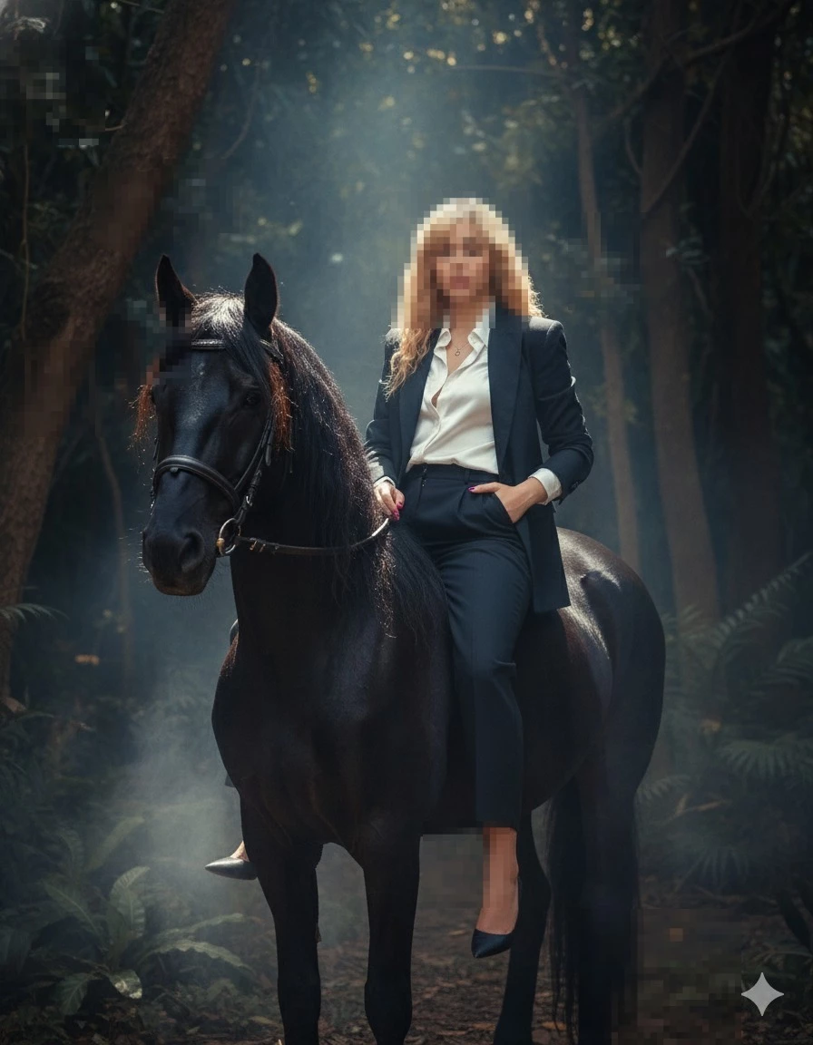 Confident woman in black suit riding elegant black horse in misty forest