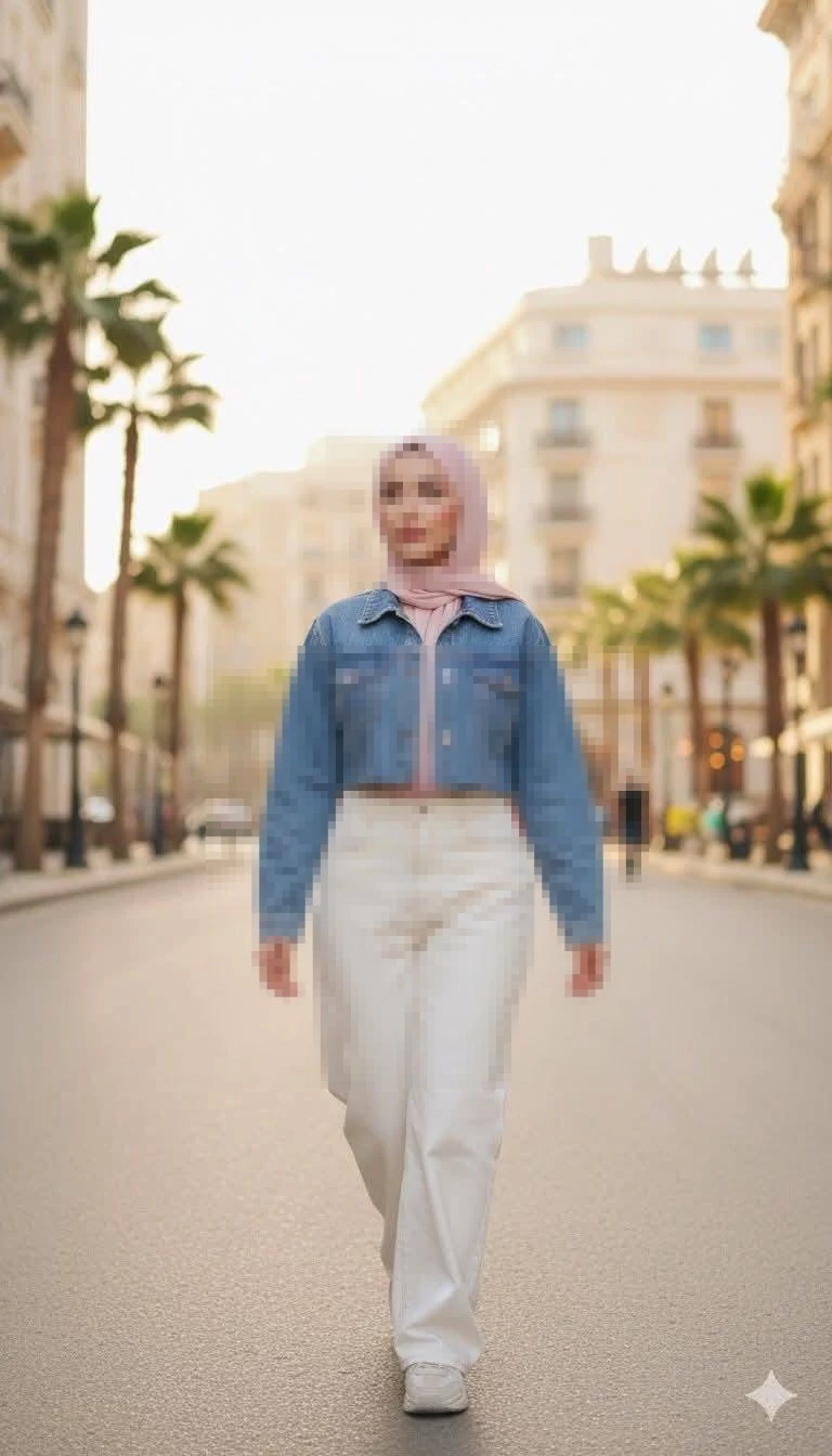 Confident woman in pink hijab and denim jacket walking down palm-lined street