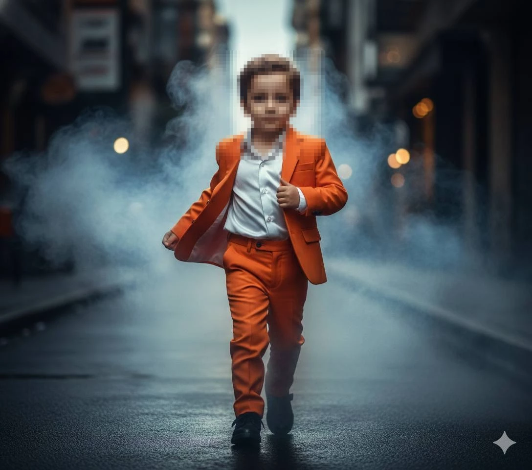 Confident Young Boy in Orange Suit Walking Through a Smoky City Alley