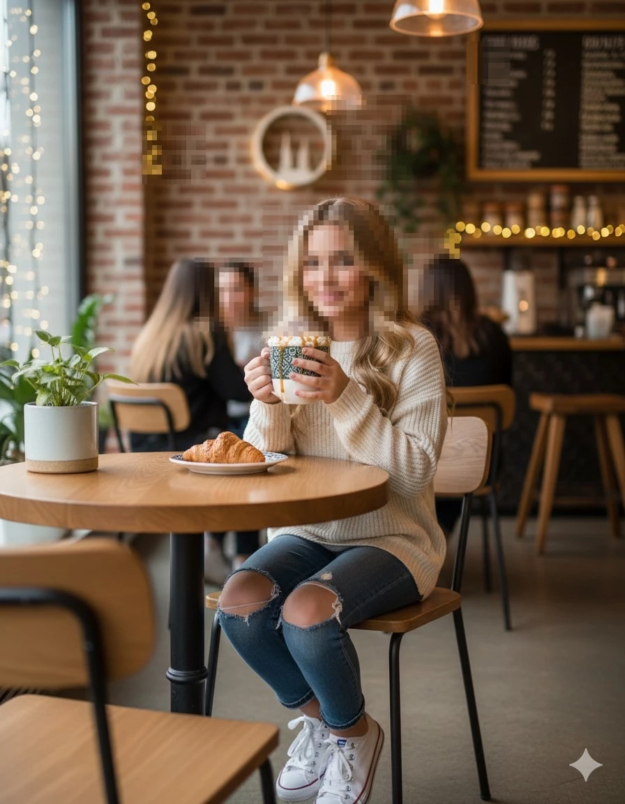 Cozy Girl Enjoying Hot Chocolate in a Warm Modern Coffee Shop